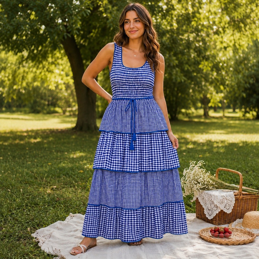 Sugarlips Gingham Smocked Tiered Maxi Dress M Cottagecore Americana Picnic NWT
